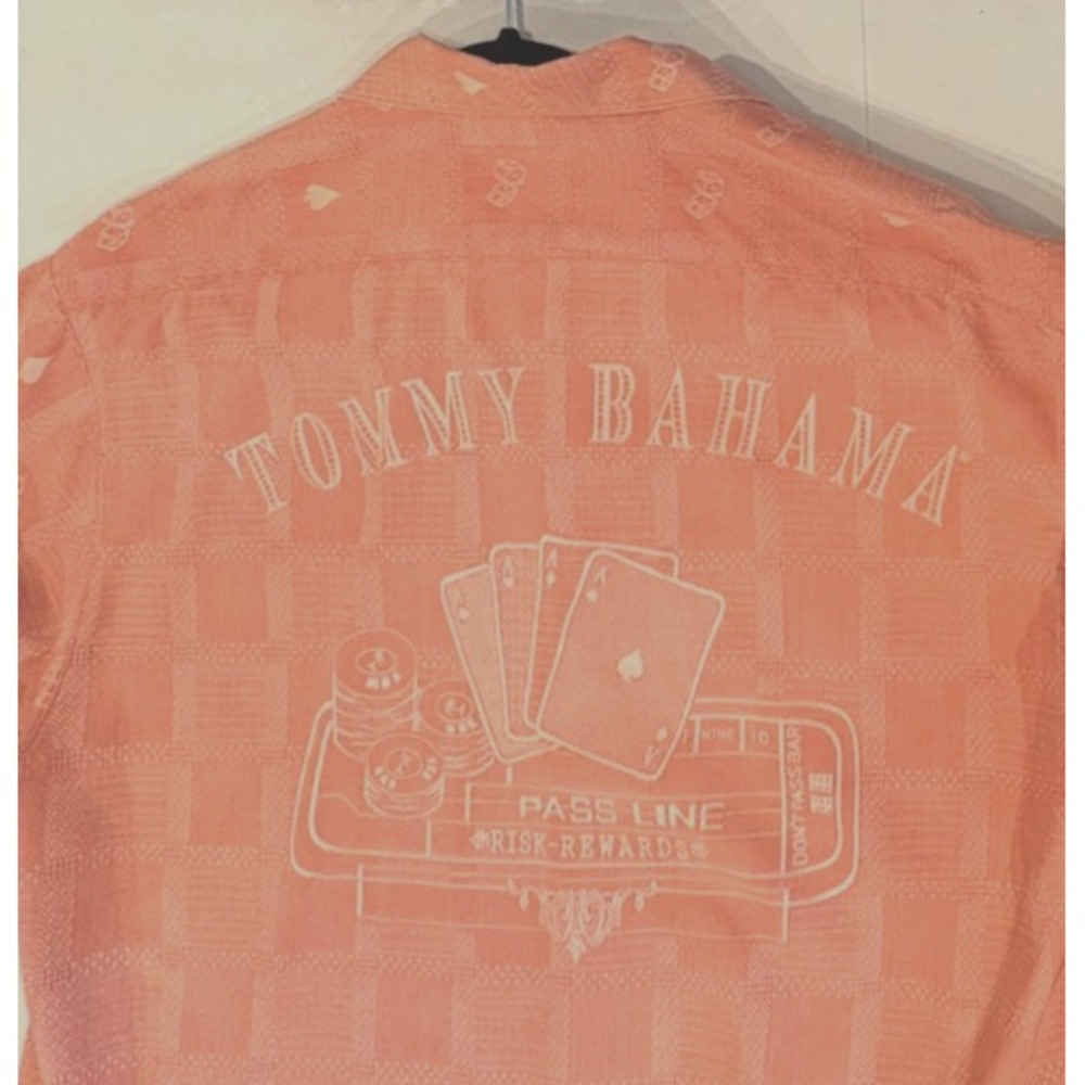 Tommy Bahama Silk Mens Med M Shirt Risk Rewards Camp Gamble Casino‎ Pink Dice